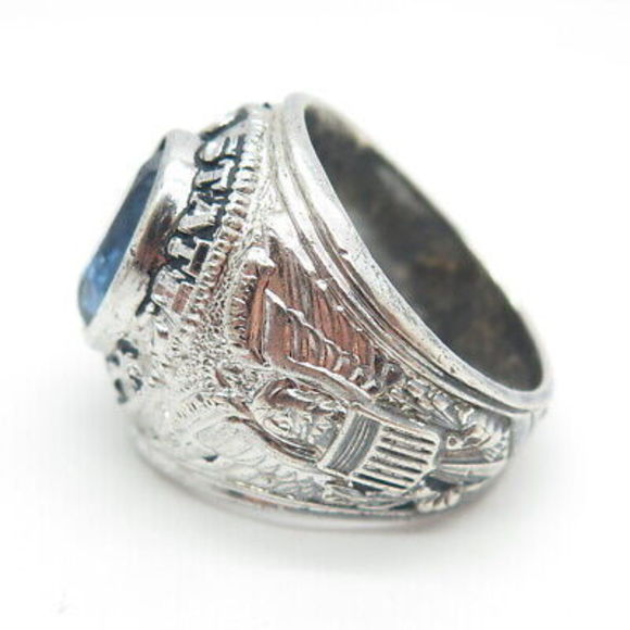 CREST CRAFT 925 Sterling Silver Antique Art Deco Blue Glass US Army Ring Size 8 - Picture 4 of 9